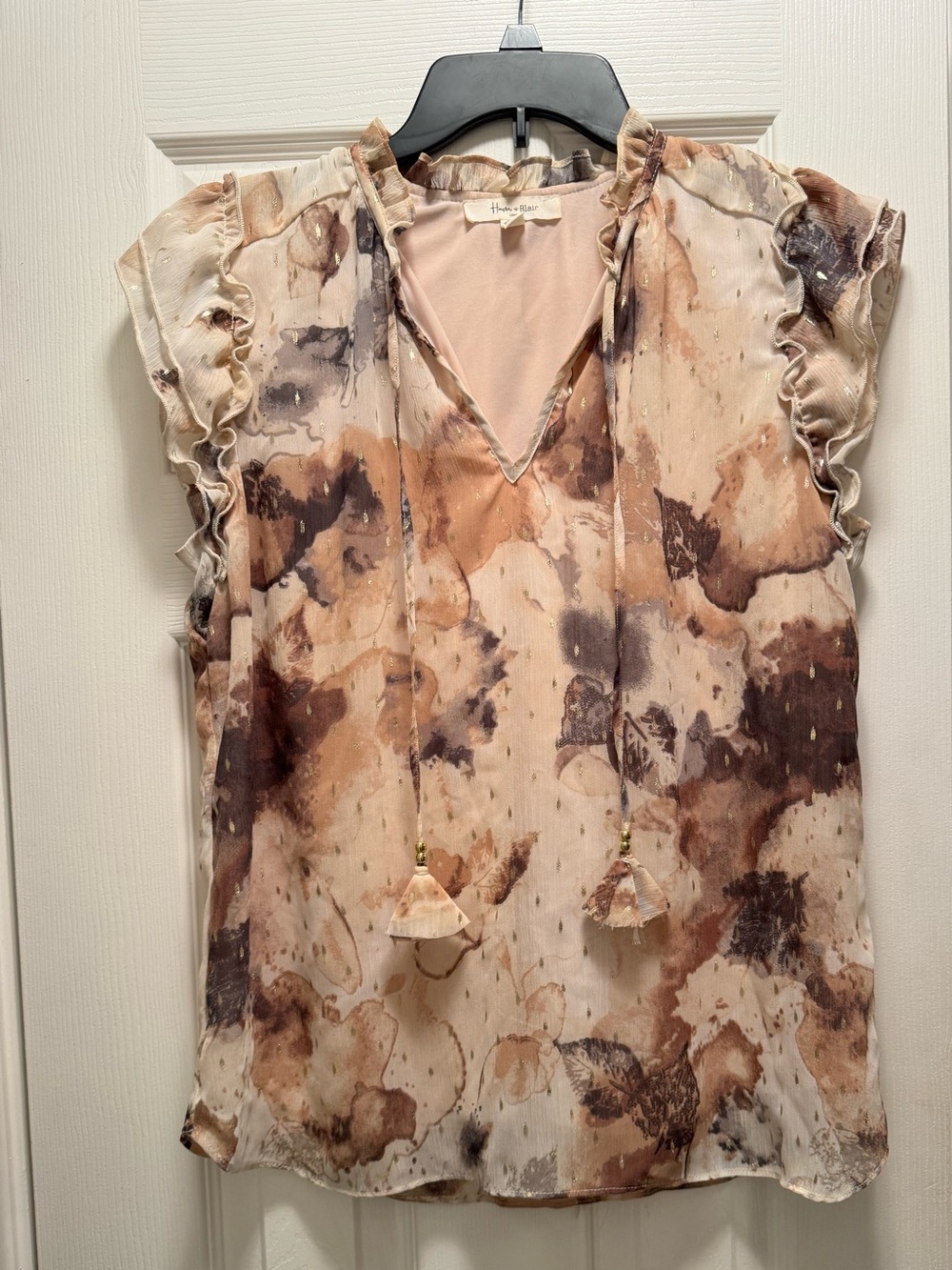 Neutral Watercolor Ruffle Tie-Front Blouse